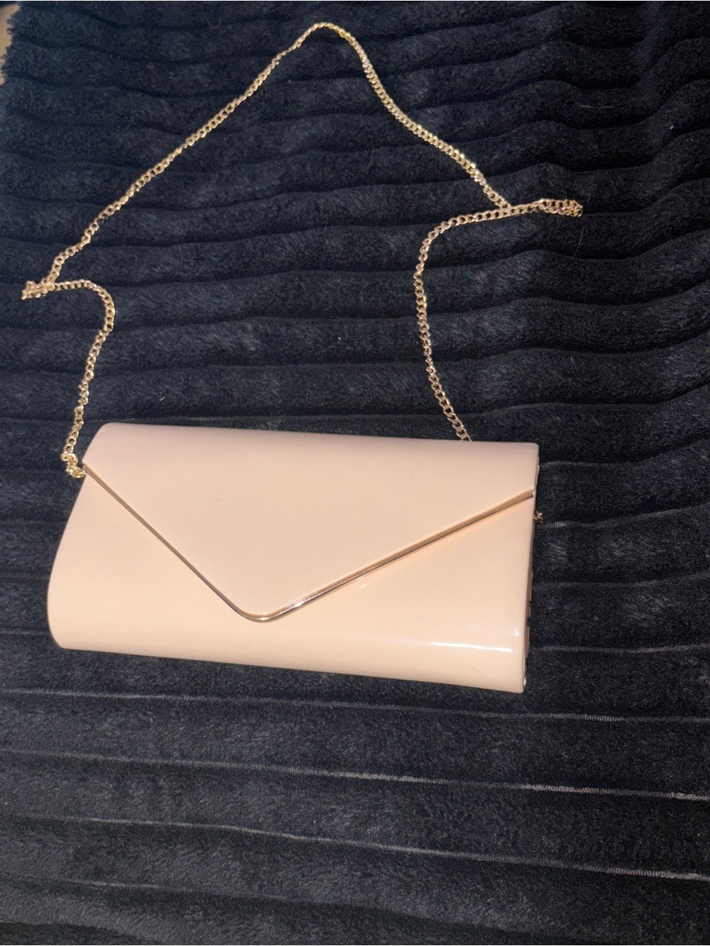 Women's Nude Patent Envelope Clutch with Gold Chain